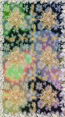 Doğu tarzında klasik tasarım öğesi. Süslü dantel iz sürücü. Gri renkli geleneksel Arapça dekor. Çiçekli süslemeli, pürüzsüz bir desen. Duvar kağıdı için altın süslü illüstrasyon.