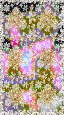 Dekoratif simetri arabesk. Tarafsız ve gri renklere altın. Kusursuz ortaçağ çiçek deseni. Raster illüstrasyonu. Doğum günü, davetiye ya da afiş için tebrik kartı.