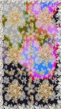 Altın şablon. Gri ve nötr renklerin kraliyet retro 'su. Kusursuz desenli altın elementler. Raster illüstrasyonu. Kart, duvar kağıdı, ambalaj ve tekstil için klasik tasarım. Çiçeksel klasik doku.