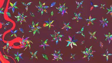 Çiçeksel elementlerle süslenmiş zarif raster dokusu. Küçük çiçekte hoş bir çiçek deseni var. Parlak çiçekli kahverengi ve yeşil renkler üzerine soyut çizim deseni.