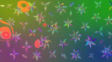 Yapraklı çiçekler ve yeşil ve mavi renkli papatya çiçekleri. Raster - stok. Taslak arkaplan deseni.