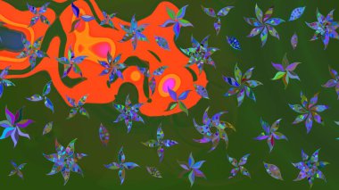 Çiçekli karalama şeklinde Raster çiçek deseni. Yumuşak, bahar çiçekli arka plan. Yeşil ve turuncu renkte çiçekler.