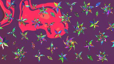 Raster illüstrasyonu. Asya tekstil tarzında. Raster illüstrasyonu. Çiçek desenli çizim. Mor ve pembe renkte çiçekler.