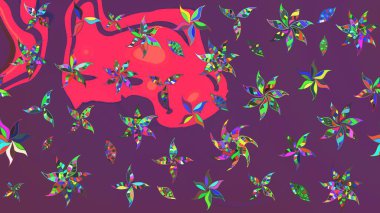 Raster illüstrasyonu. Asya tekstil tarzında. Raster illüstrasyonu. Çiçek desenli çizim. Mor ve pembe renkte çiçekler.