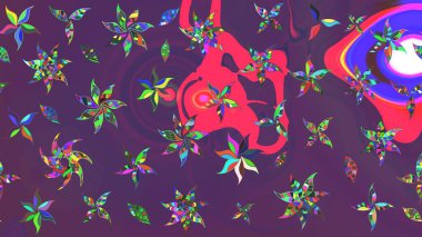 Renkli grunge soyut arkaplanı sütun çiçekleri ve menekşe çiçekleriyle süslüyor. Parmak izi, kumaş, duvar kâğıdı, tekstil için raster dokusu. Nakış desenli çiçek deseni..