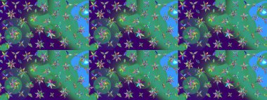 Küçük mavi ve yeşil renkte güzel bir besin torbası deseni, çiçekler. Millefleur 'lar. Tekstil, kumaş, kapaklar, duvar kağıtları, baskı, paket, koleksiyon defteri, örgü, dekupaj için çiçek arkaplanı..