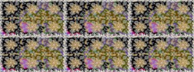 Davetiyeler, kartlar, web sayfası için Raster illüstrasyon. Gri renklerdeki altın element. Çizgi sanatı tasarım şablonu için kusursuz sınır. Altın desenli çiçek dekoru. Doğu tarzı ögesi.