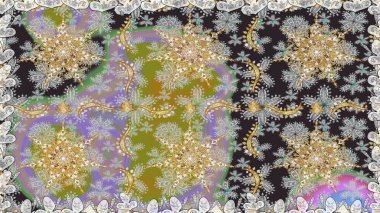 Damask pürüzsüz yineleme kalıbı. Antika altın tekrarlanabilir duvar kağıdı. Barok tarzında altın çiçekli süs. Gri ve nötr renkler üzerine altın element.