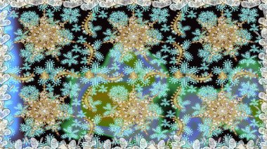 Tarafsız ve altın elementli mavi renklerde altın desen. Süslü raster dekorasyonu. Barok tarzında duvar kağıdı tasarımı için kusursuz damaske deseni arkaplanı.