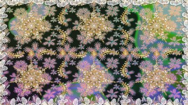 Altın karalama fantezi yapraklarından Raster soyut çiçek çelengi ve gri ve nötr renklerde çiçek. El yapımı dekoratif çerçeve, albüm kapağı, tebrik kartı, klasik Art deco tarzı.