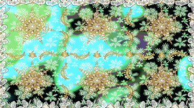 Barok tarzında kusursuz bir doğulu süsü. Tarafsız ve yeşil renklerde altın elementlerle geleneksel altın sarısı desen.