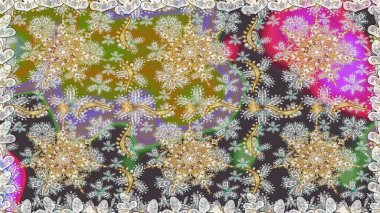 El yapımı dekoratif çerçeve, albüm kapağı, tebrik kartı, klasik Art deco tarzı. Altın karalama fantezi yapraklarından Raster soyut çiçek çelengi ve gri ve nötr renklerde çiçek..