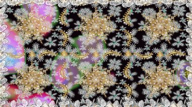 Raster illüstrasyonu. Kusursuz altın desenli bukleler. Doğu tarzı arabesk. Raster altın desen. Altın elementli gri ve siyah renkler.