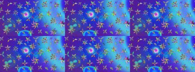 Mavi ve mor renkli çiçekler. Düz Çiçek Elementleri Tasarımı. Renkli Yaz Temalı eskiz kalıbı. Raster illüstrasyonunda çiçek deseni çizimi.