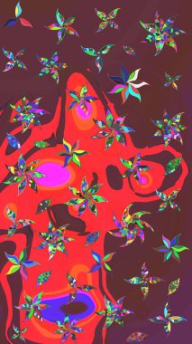 Suluboya resim taklit Raster çizimi. Kahverengi ve kırmızı renkler. El çizimi, soyut ve süslü elementler. Yaz çiçekleri teması. Klasik çiçekler..