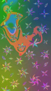 Yeşil ve mavi renklerde. Çiçek buketleriyle klasik bir eskiz şekli. Raster illüstrasyonu.