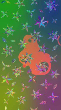 Yeşil ve mavi, yeşil ve maviye. El çizimi çiçek unsurları olan soyut çizim raster deseni. 1950-1960 motifleri. Retro tekstil tasarım koleksiyonu. Çiçekli ipek eşarp..