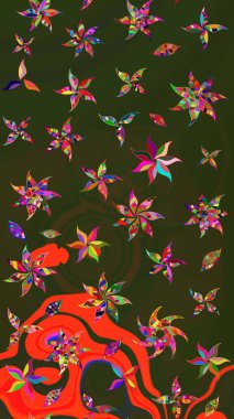 Renkli grunge, koyu yeşil ve gri çiçeklerle soyut bir arka plan oluşturur. Nakış desenli çiçek deseni. İzler, kumaş, duvar kağıtları, tekstil için raster dokusu.