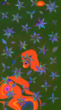 Raster illüstrasyonu. Yeşil ve turuncu renklerde. Raster illüstrasyonundaki çiçek desenli çizim. Güzel kumaş deseni.