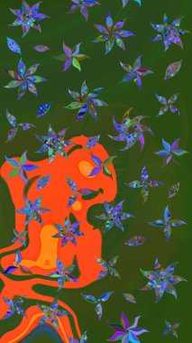 Soyut etnik raster çizim kalıbı. Kabile sanatı boho baskısı, klasik çiçek arkaplanı. Arkaplan dokusu, duvar kağıdı, yeşil ve turuncu renkli çiçek teması.