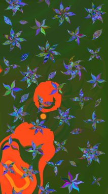 Küçük çiçekli yay deseni çiz. Raster illüstrasyonu. Suluboya tarzında yeşil ve turuncu renkler üzerine.