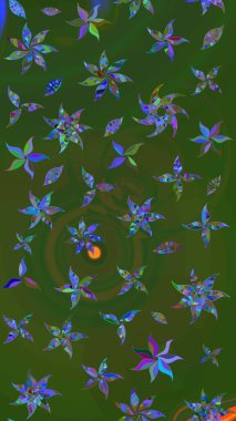 Çok yeşil ve mavi zarif küçük çiçekler ve yeşil ve mavi renkli komik böcekler, raster desen, illüstrasyon.