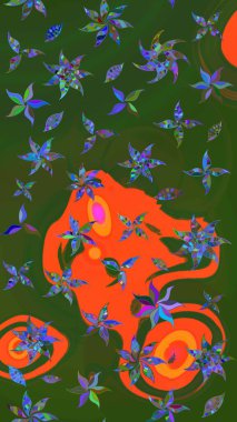 Ağaç dallı bahar çiçekleri ile desen, yeşil ve turuncu renkler ile çiçek silueti. Raster deseni.