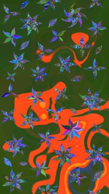 Sevimli çiçek raster deseni. Yeşil ve turuncu renkli çiçekler. Sketch Colour Spring Theme eskiz kalıbı. Düz Çiçek Elementleri Tasarımı.