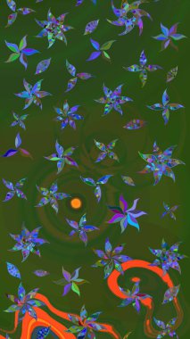 Ağaç dallı bahar çiçekli desen, çiçek siluetiyle yeşil ve mavi renkler. Raster deseni.