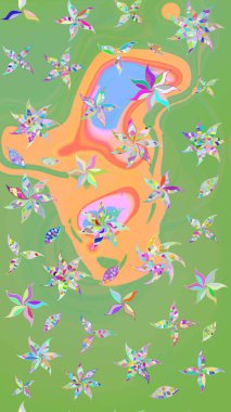 Raster illüstrasyonundaki çiçek desenli çizim. Tarafsız ve yeşil renkte çiçekler.