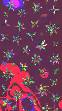 Kahverengi ve mor renkli etnik çiçekli zarif eskiz deseni. Asya Tekstil 'inde Raster Çiçek İllüstrasyonu.