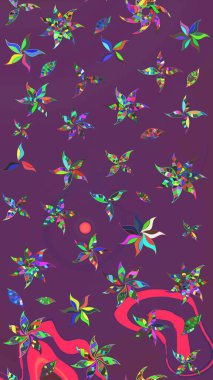 Mor ve yeşil çiçekli bahar çiçekleri. Motley illüstrasyonu. Küçük renkli çiçekler. Küçük çiçekte güzel bir desen. Moda baskıları için zarif bir şablon.