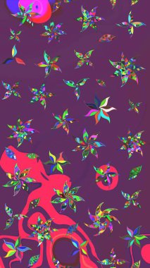 Raster illüstrasyonu. Mor ve pembe renkli Asya tekstili. Suluboya çiçekli çiçek deseni.