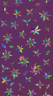 Raster illüstrasyonu. Çiçek ve yapraklı karalama şeklinde Raster çiçek deseni. Yumuşak, bahar çiçekleri mor ve yeşil renklerde.