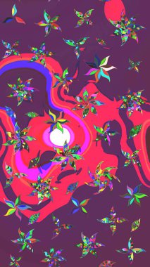 Renkli Bahar Teması eskiz kalıbı. Düz Çiçek Elementleri Tasarımı. Asya tekstil tarzında. Çiçek desenli çizim. Mor ve pembe renkte çiçekler. Raster illüstrasyonu.