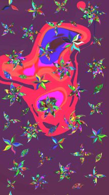 Raster deseni. Yumuşak, bahar çiçekleri mor ve pembe renklerde. Raster illüstrasyonu. Patlayan çiçekler soyut yerleştirilmiş.