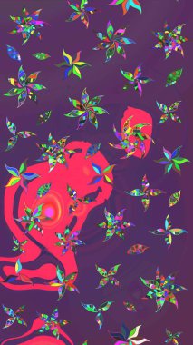 Raster illüstrasyonu. Yaprak ve çiçeklerin suluboya resmi, mor ve pembe renklerin çizim şekli. Mor ve pembe renklerde bahar çiçekleri..