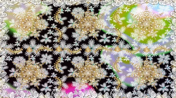 Barok tarzında altın çiçekli süs. Altın çiçekli, pürüzsüz desen. Damask arkaplanı. Tarafsız ve siyah renklerdeki altın element.