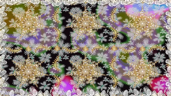 Duvar kâğıdı için altın süslü bir illüstrasyon. Doğu tarzında klasik tasarım öğesi. Çiçekli süslemeli, pürüzsüz bir desen. Süslü dantel iz sürücü. Gri renkler üzerine geleneksel Arapça dekor.