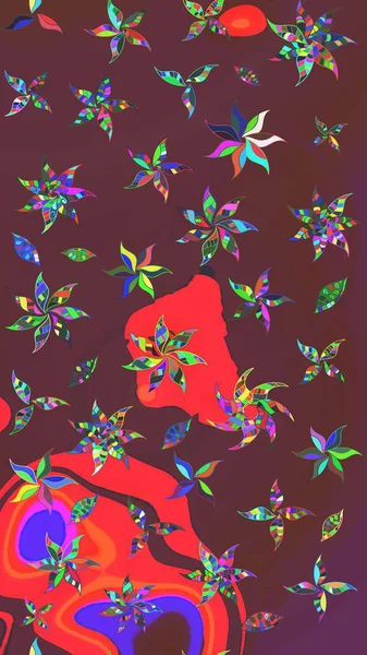 Raster illüstrasyonu. Düz Çiçek Elementleri Tasarımı. Renkli Bahar Teması eskiz kalıbı. Kahverengi ve kırmızı renkte zarif çiçekli suluboya.