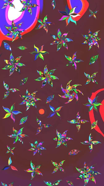 Çiçek desenli çizim. Kahverengi ve mor renkli çiçekler. Raster illüstrasyonu. Asya tekstil tarzında. Raster illüstrasyonu.