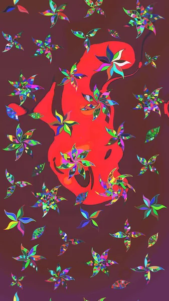 Çiçeksel kahverengi ve kırmızı çizim deseni. Klasik taslak çizimi. Raster çiçek izi..