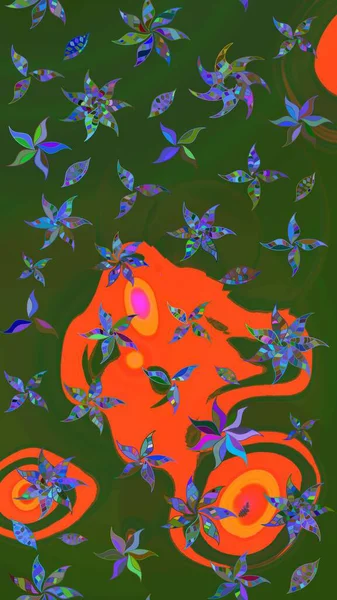 Ağaç dallı bahar çiçekleri ile desen, yeşil ve turuncu renkler ile çiçek silueti. Raster deseni.