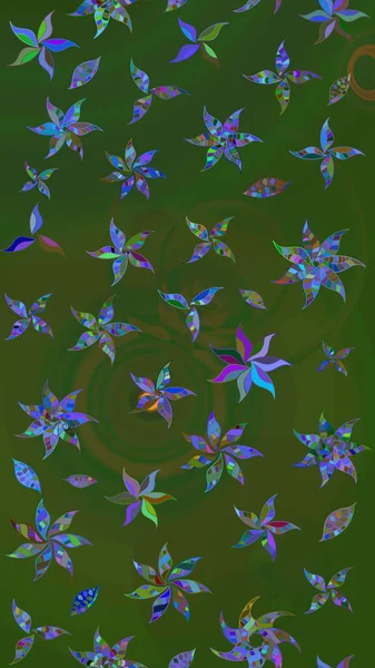 Sevimli çiçek raster deseni. Yeşil ve mavi renkte çiçekler. Renkli Bahar Teması eskiz kalıbı. Düz Çiçek Elementleri Tasarımı.