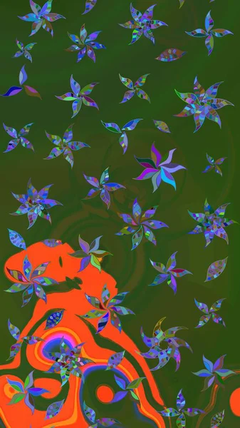 Küçük çiçekli basit bir çiçek çizimi. Yeşil ve turuncu renkli şirin çiçekler. Moda baskısı, albüm, ambalaj kağıdı ve duvar kağıdı için zarif dekoratif süslemeler. Raster illüstrasyonu.