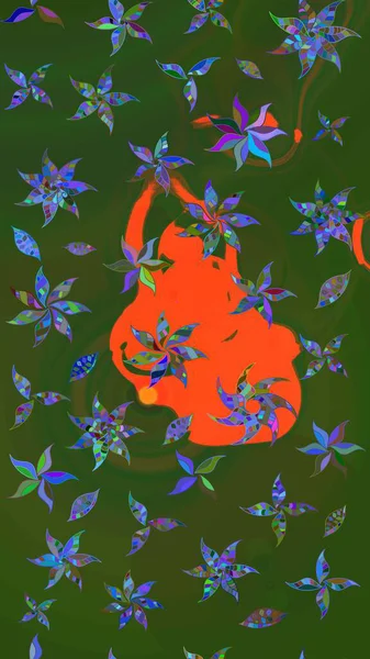 Çizim çiçek deseni duvar kâğıdı olarak kullanılabilir. Yeşil ve turuncu renkli çiçekler. Raster illüstrasyonu.