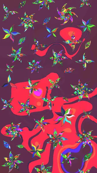 Suluboya elle çizilmiş çiçek desenli eskiz deseni. Parlak renkli fantezi çiçekleri, yapraklar, kahverengi ve pembe renkli tomurcuklar kahverengi ve pembe.