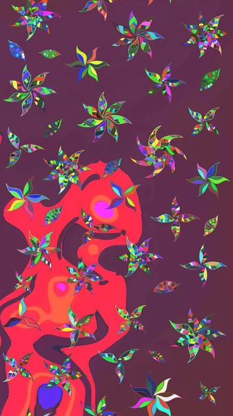 Suluboya çiçekli çiçek deseni. Raster illüstrasyonu. Kahverengi ve pembe renkli Asyalı tekstil.