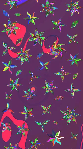 Renkli desenli eskiz deseni, mor ve pembe çiçekler ve dekoratif elementler. Raster illüstrasyonu. Kumaş, tekstil, duvar kağıdı baskısı için. Eskiz geçmişi. Antika retro tarzı.