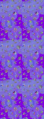 Raster illüstrasyonundaki çiçek desenli çizim. Mor ve yeşil renkte çiçekler. Renkli Bahar Teması eskiz kalıbı. Düz Çiçek Elementleri Tasarımı.